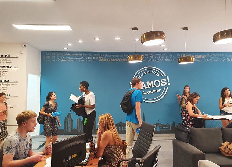 Inside the reception welcome area at vamos spanish academy location in buenos aires