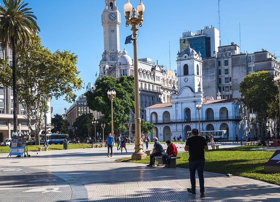 Beautiful historic buildings around a plaza in central buenos aires