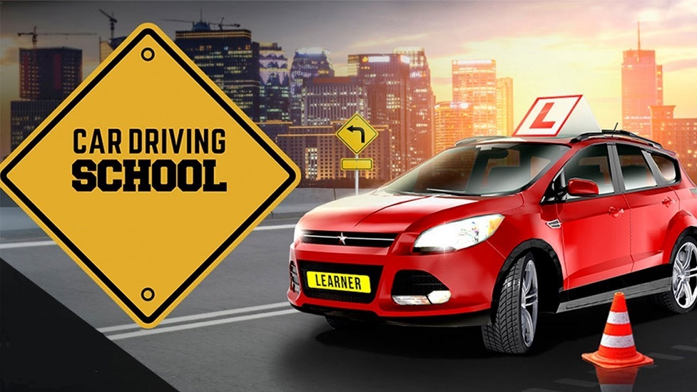 A fake driving school logo, with a red car being used for getting the driver´s license.