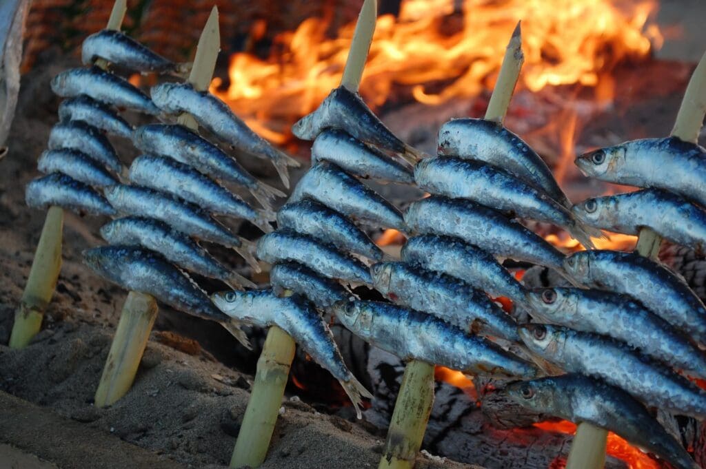 Delicious espetos, grilled fish in Malaga.