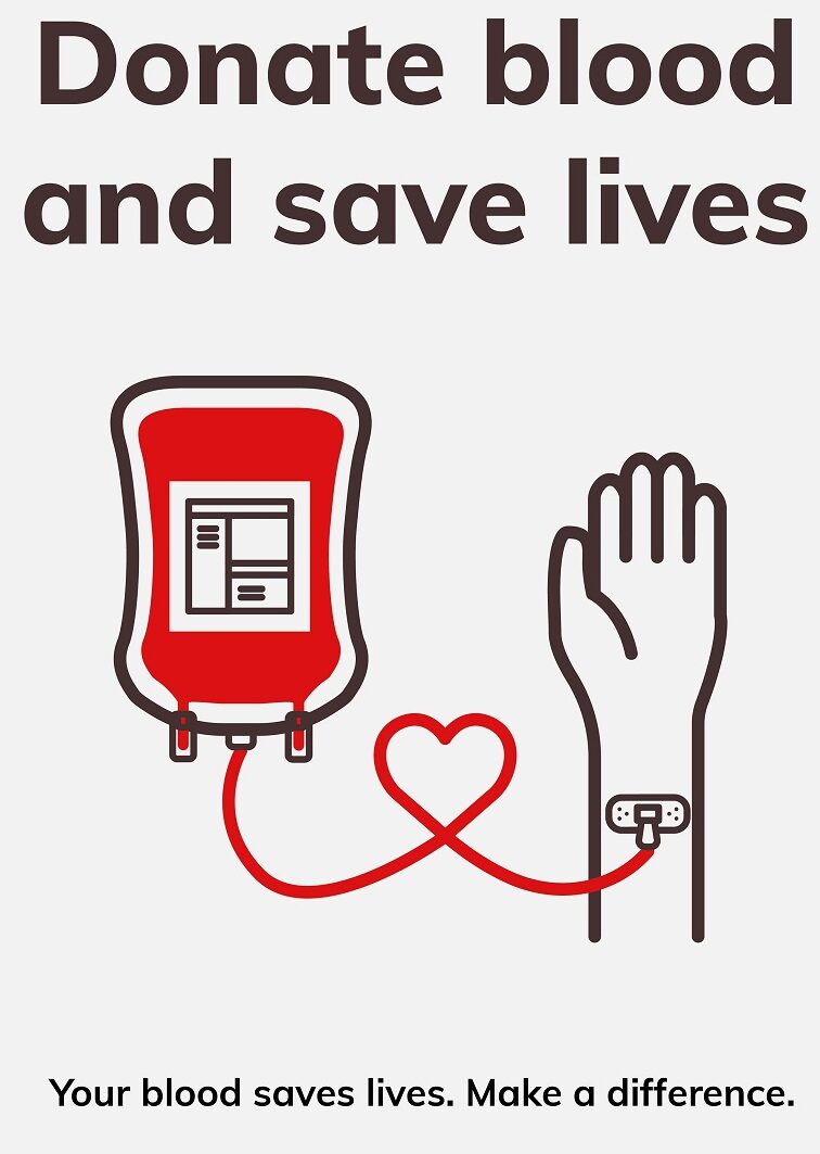 A image with the text "Donate Blood and save lifes" and a blood transfution´s bag.