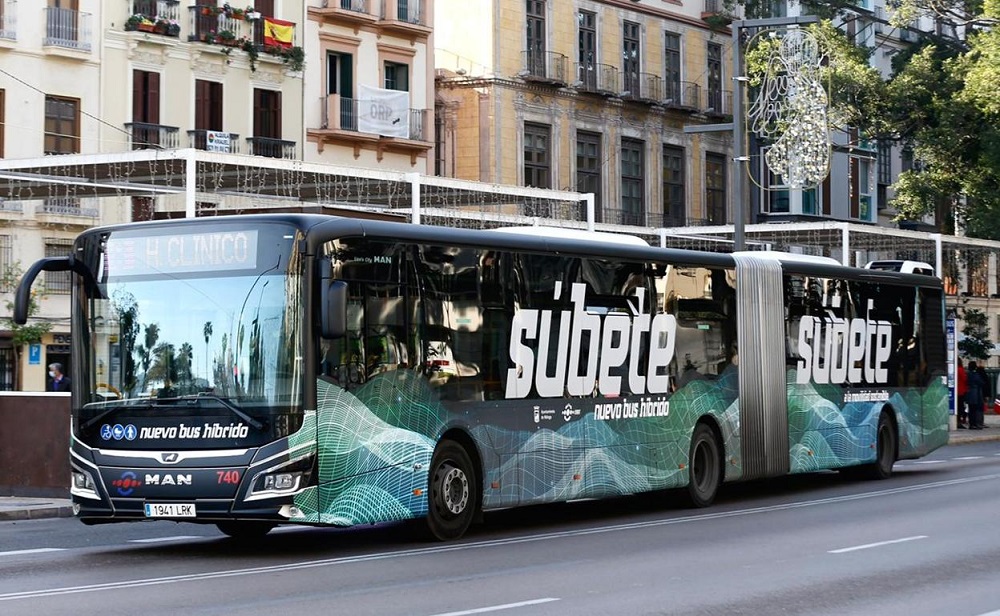 Eco-friendly buses in Malaga, Andalusia, Spain.