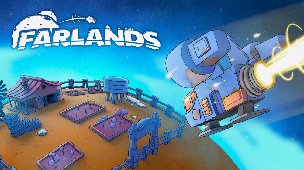 Farlands logo displayed over an image of the Farlands farm with a spaceship approaching, set against the backdrop of space, showcasing the game's exploration, resource management, and creativity.