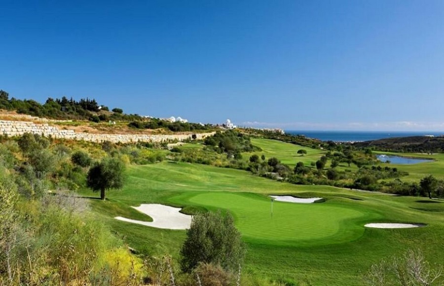 The Mediterranean Sea at the background when approaching the 12th hole at Finca Cortesin Golf Club.
