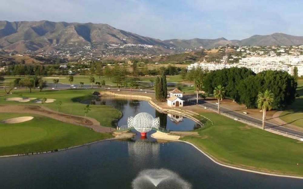 The Mijas Golf Club, an aerial view showing its unique bridge.