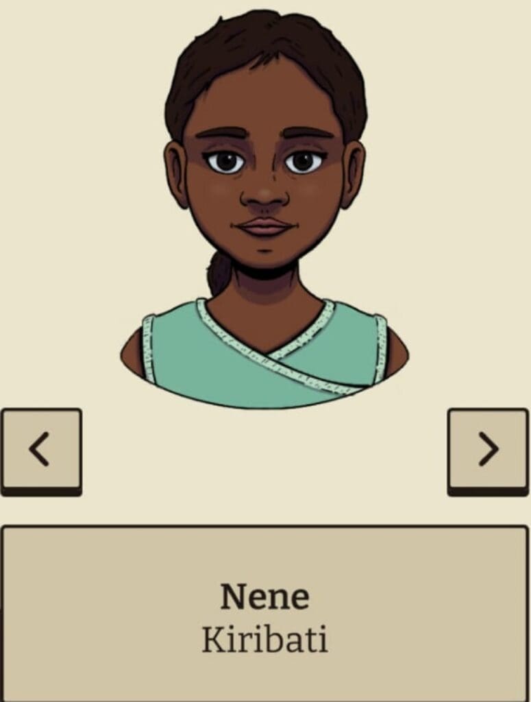 Nene from the video game Climate Refugee. In game screenshot when selecting her story for playing, starting in Kiribati.