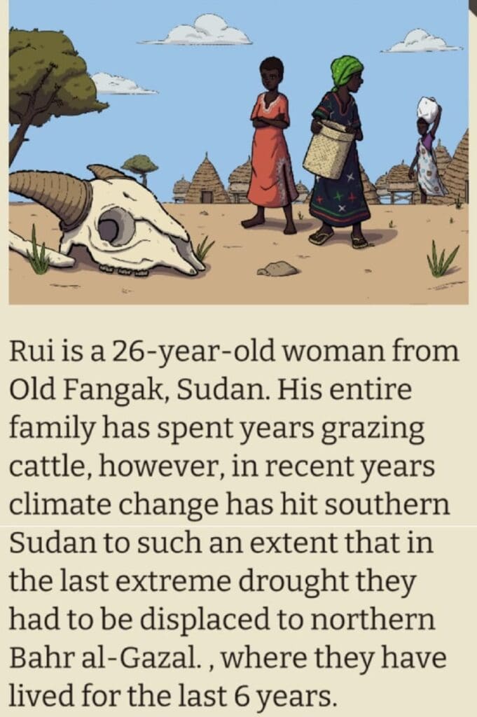 Rui from the video game Climate Refugee. In game screenshot when playing her tragic story, starting in Old Fangak, Sudan