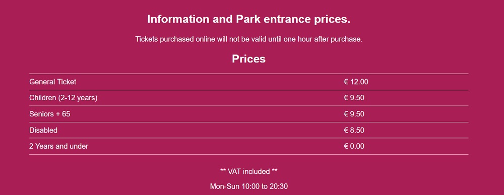 A screenshot of the Mariposario de Benalmádena´s website, showing the prices in 2023 as reference.