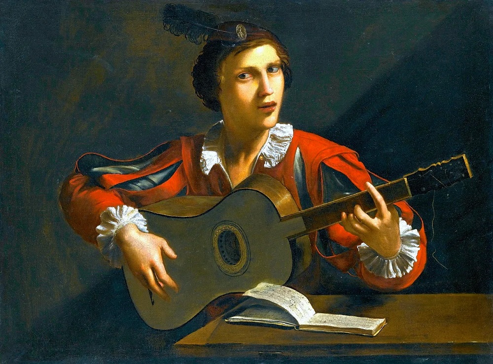 A painting from the Middle Age, a woman playing the guitar.