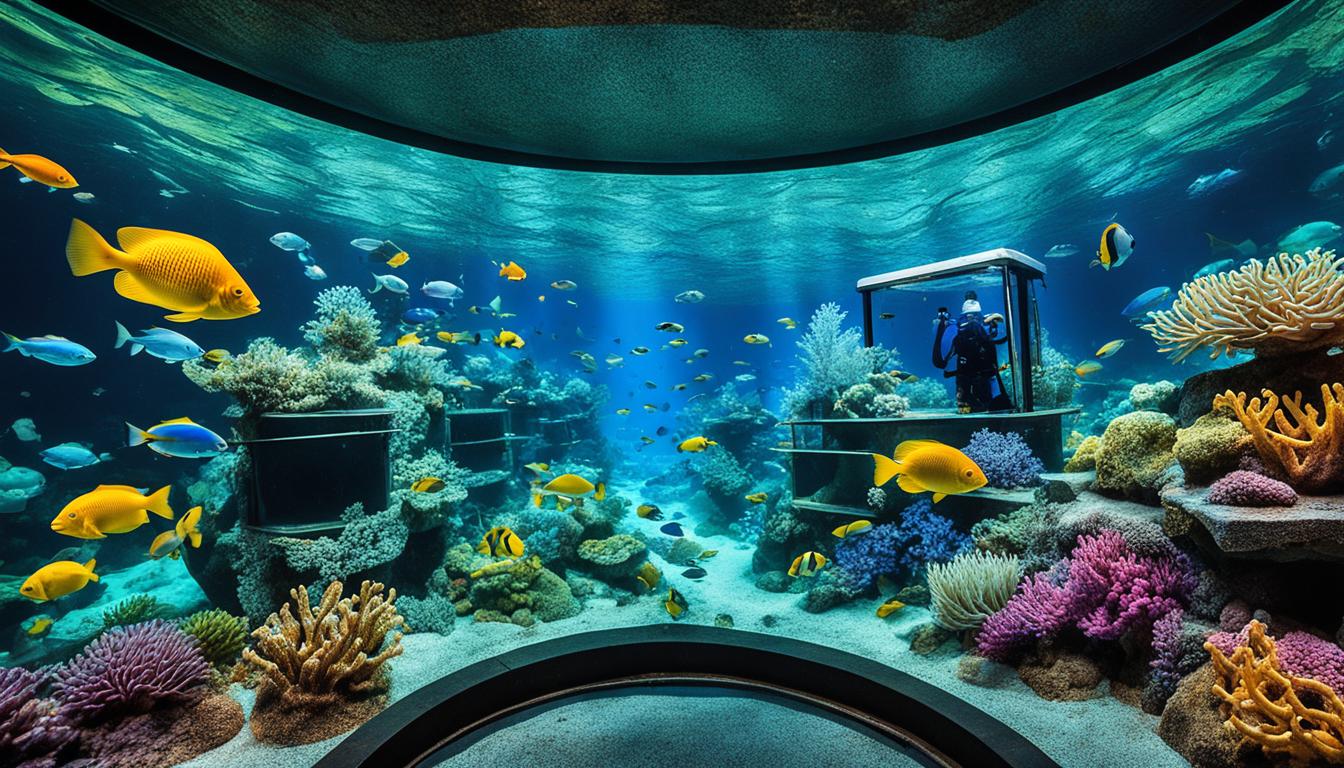 Vibrant underwater aqua scape ecosystem in a large fish tank