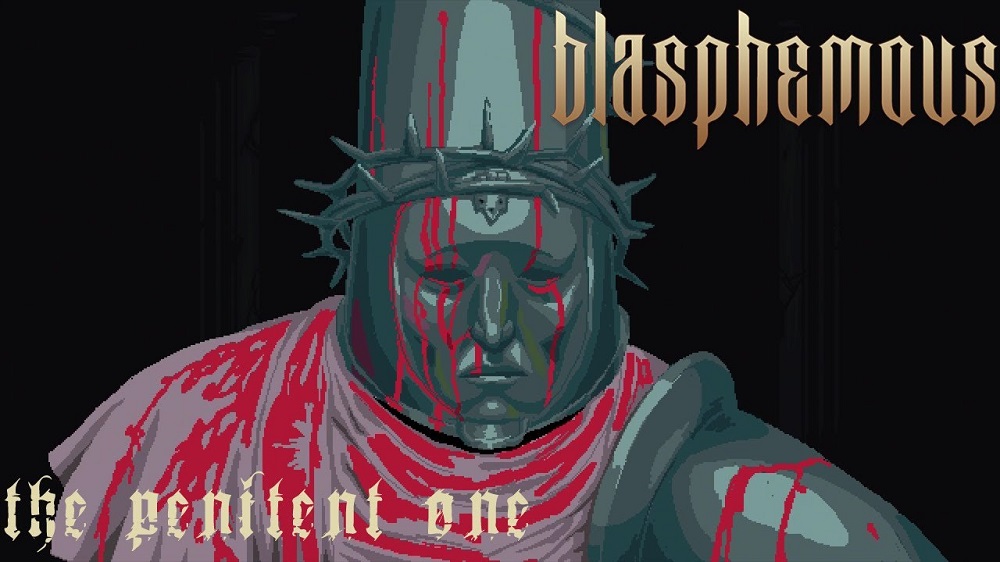 Image depicting the Penitent One, the silent protagonist of the video game 'Blasphemous,' in a dynamic pose. He is clad in a pointed helmet and wields a mighty sword, his face marked with streaks of blood, symbolizing his struggle for redemption in the game's narrative. The game's logo, featuring sharp lines and stark contrasts, is prominently displayed, reflecting the game's dark aesthetic and themes of guilt and penance. This image encapsulates the essence of 'Blasphemous,' representing its deep cultural roots, innovative game design, and commitment to storytelling.