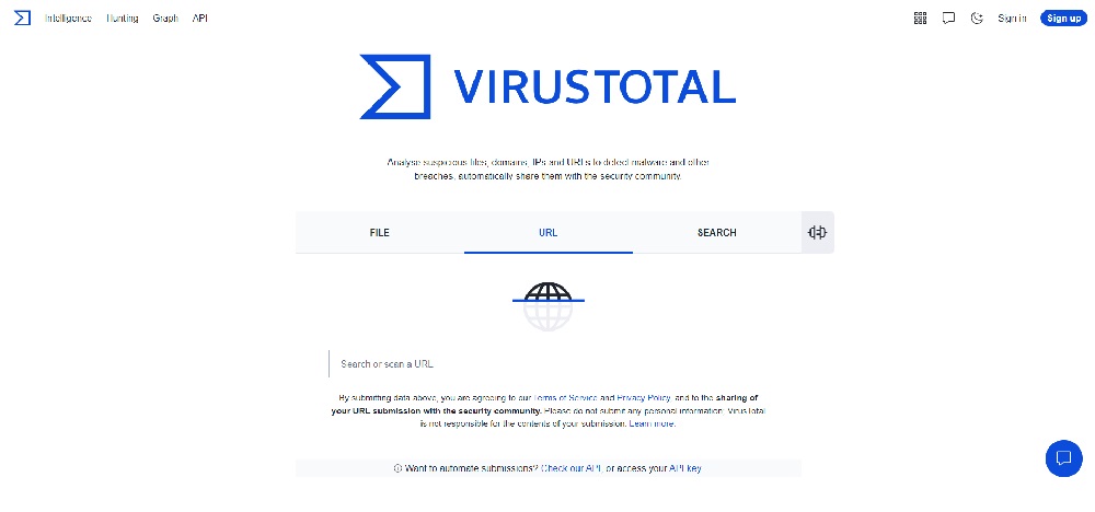 A screenshot from VirusTotal website that shows how looks the antivirus scanner.