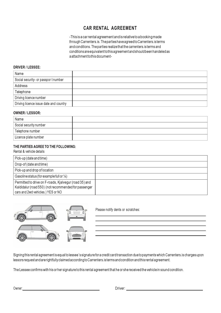 An example pic of car rental agreement without any data written on it
