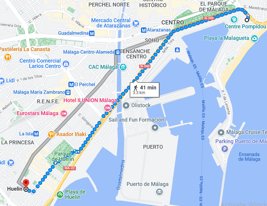 How to get from Malagueta Beach to Huelin Beach. Google Maps route.