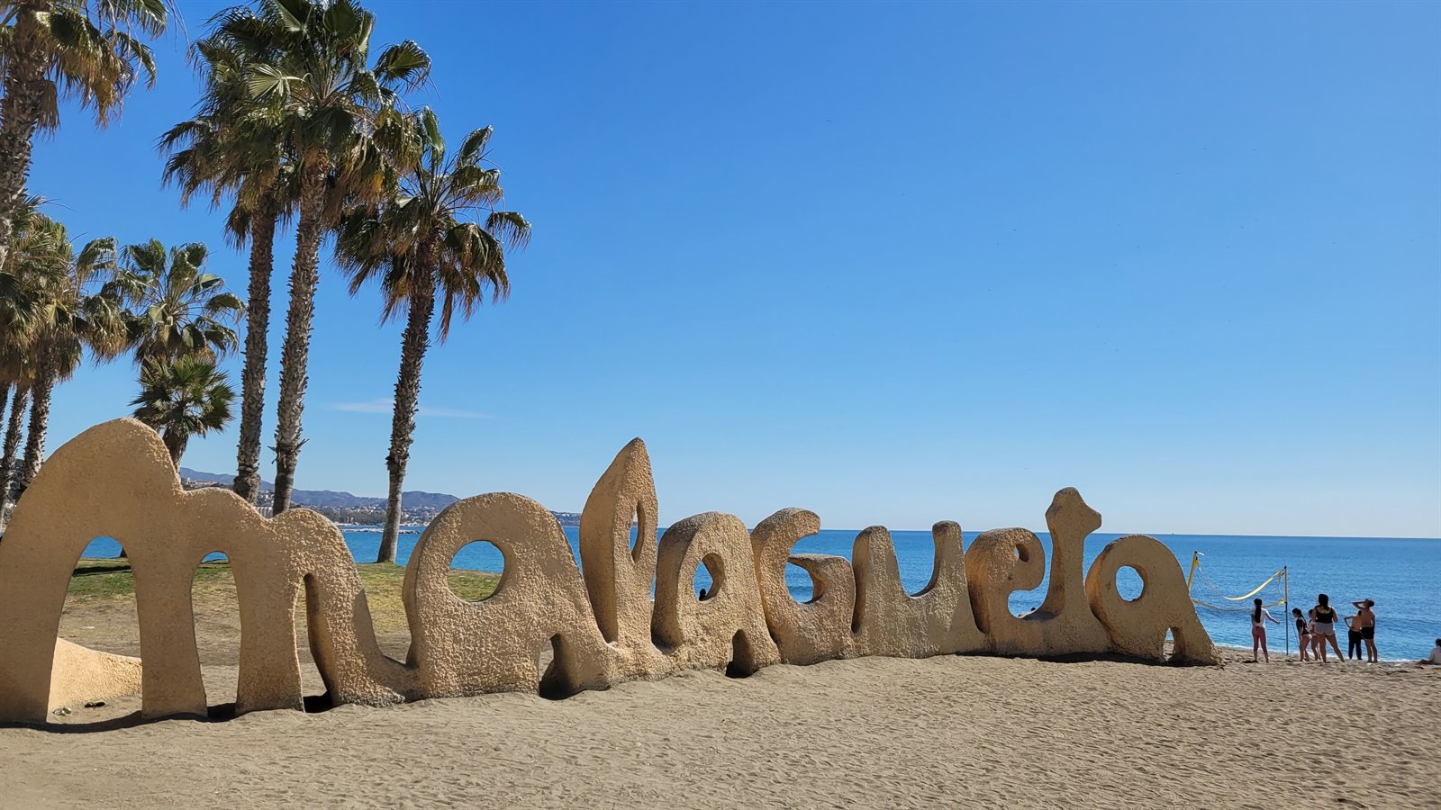 Malagueta beach sign on the Malaga seafront, near the city's Extranjeria and TIE card office