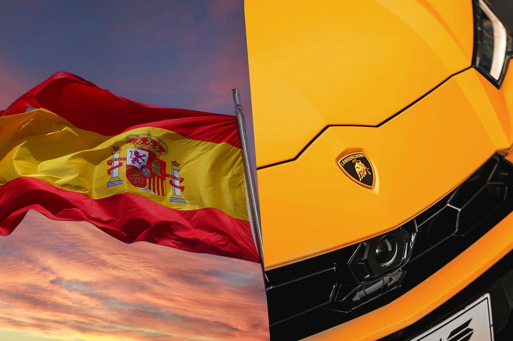 A sleek Lamborghini supercar draped with a Spanish flag, symbolizing the fusion of Italian luxury automotive design and Spanish cultural pride.